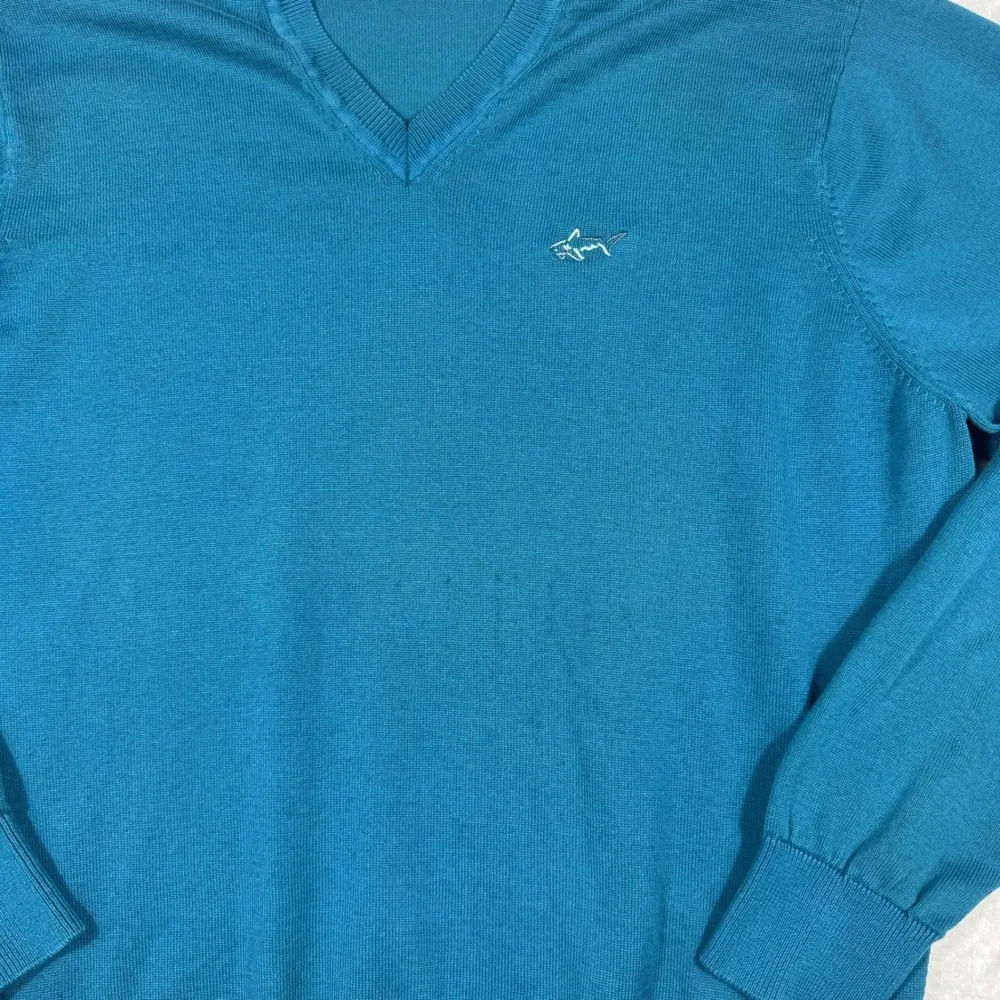 Greg Norman Mens V-Neck Cotton Knit Sweater Teal Blue Shark‎ Logo Size Medium